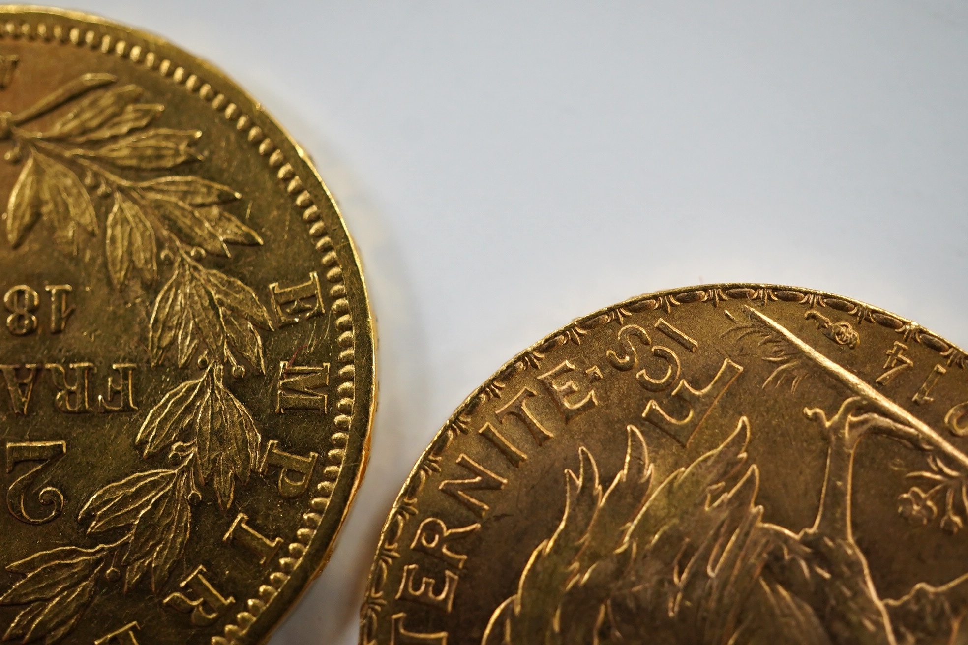 France gold coins, Napoleon III, 20 francs, 1859A, VF and Republic of France, 20 francs, 1914, UNC